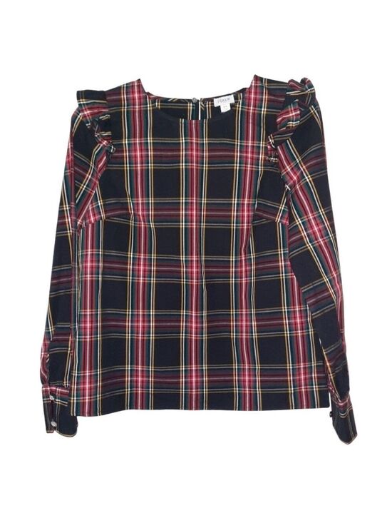 J. Crew Tops - J Crew Tartan Ruffle Blouse Long Sleeve Poplin XS